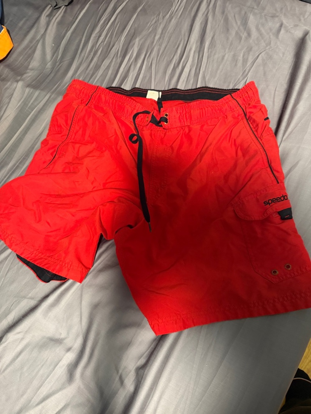 Speedo Red Swim Shorts with Black Accents